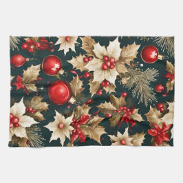 gold Christmas flowers, red baubles and berries Kökshandduk