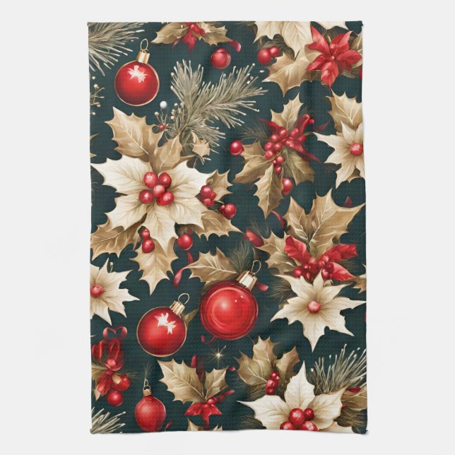 gold Christmas flowers, red baubles and berries Kökshandduk (Vertikal)