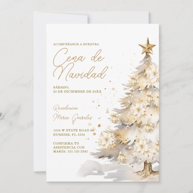 Gold Christmas Tree Cena De Navidad Dinner Party Inbjudningar (Framsida)