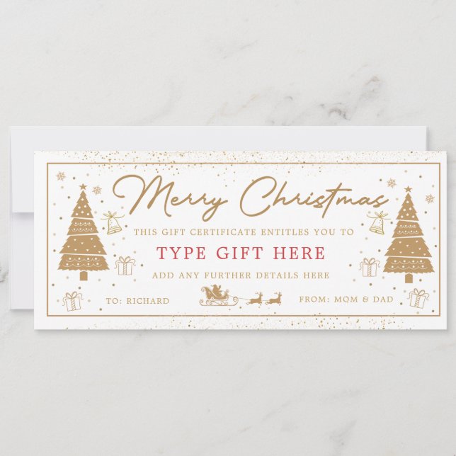 Gold Christmas Tree Present Gift Voucher Card Inbjudningar (Framsida)
