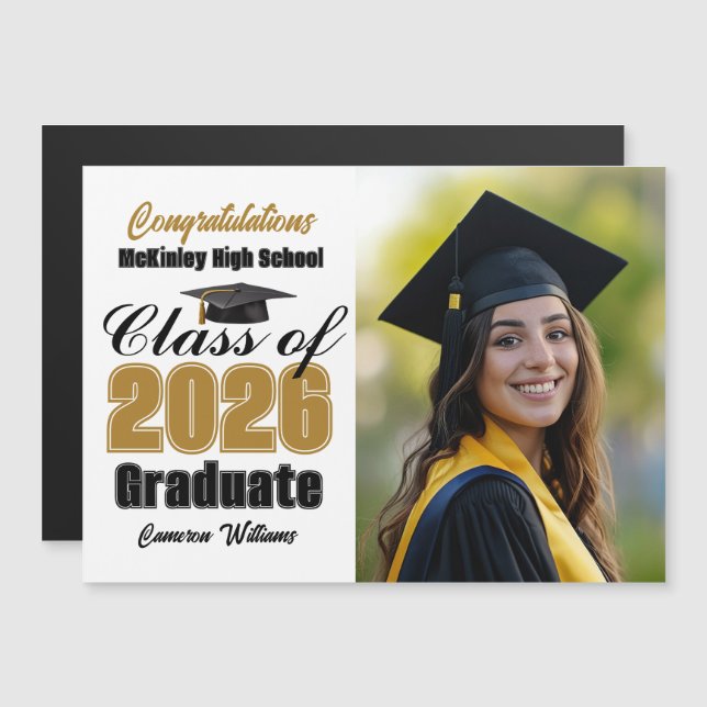 Gold Class of 2026 Graduation Photo Magnet Card (Fram/baksida)
