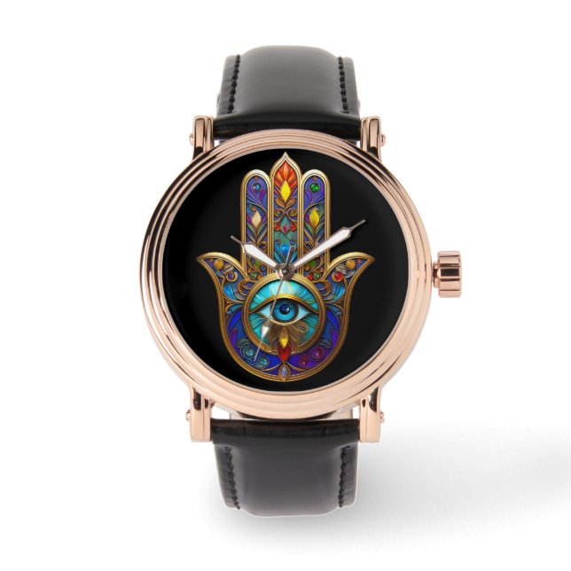 Gold Colorful Hamsa Turquoise Sapphire Third Eye  Armbandsur (Framsida)