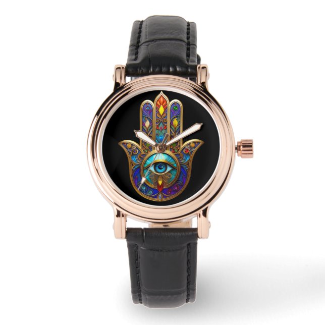Gold Colorful Hamsa Turquoise Sapphire Third Eye  Armbandsur (Framsida)
