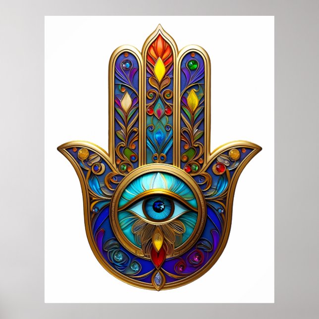 Gold Colorful Hamsa Turquoise Sapphire Third Eye  Poster (Framsidan)