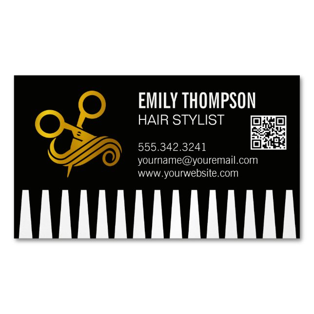 Gold Comb | Hair Stylist | QR Code Magnetiska Visitkort (Framsida)