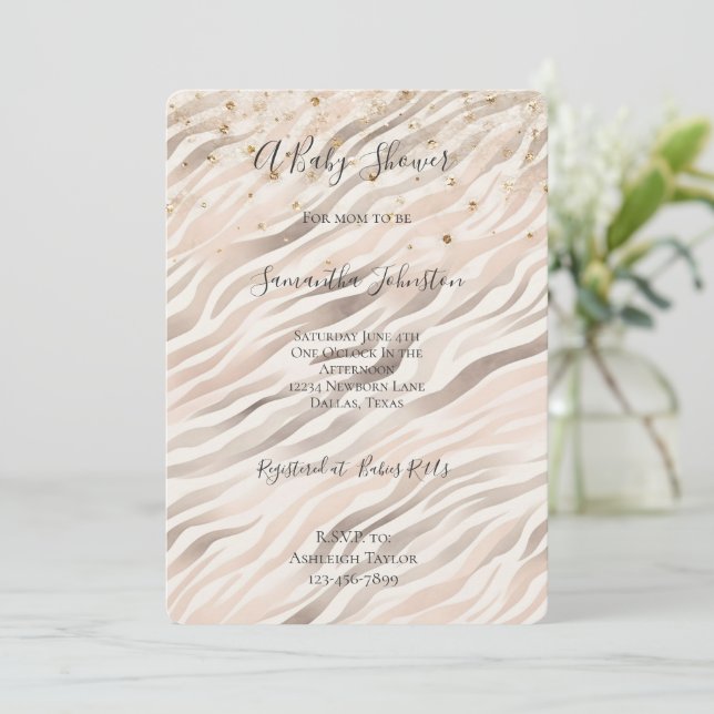 Gold Confetti Blush Pink Zebra Baby Shower Inbjudningar (Stående Fram)