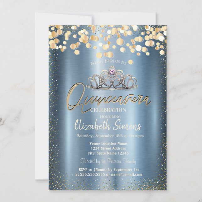 Gold Confetti Dots,Tiara Blue Metallic Quinceañera Inbjudningar (Framsida)
