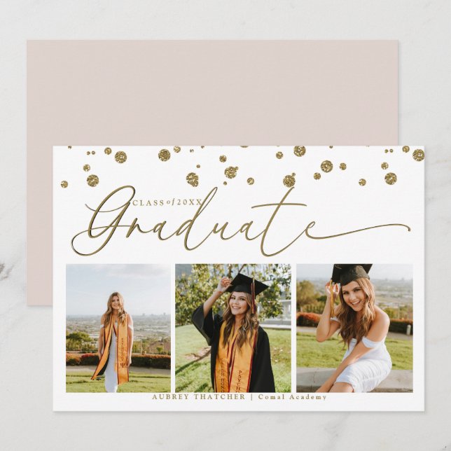 Gold Confetti |  Photo Collage Graduation  Inbjudningar (Fram/baksida)