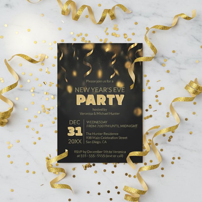 Gold Confetti Streamers Black New Year's Eve Party Inbjudningar (Skapare uppladdad)