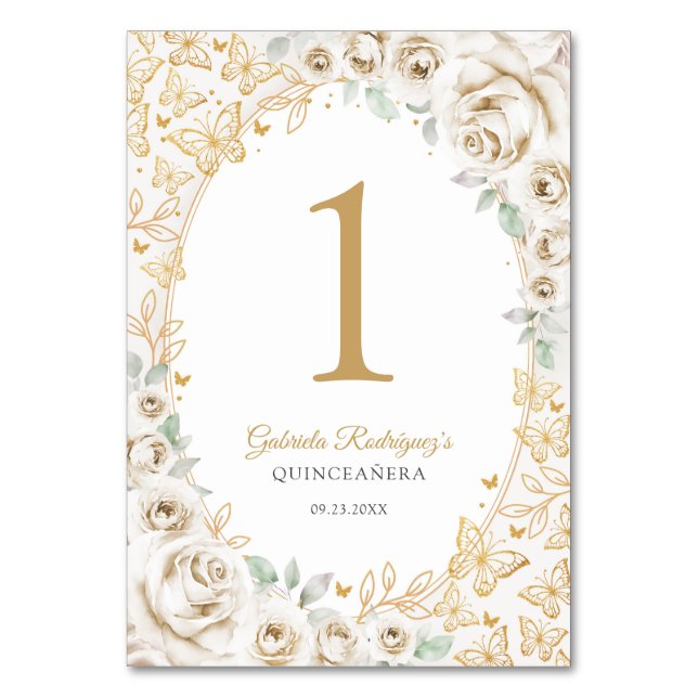 Gold Cream Floral Quinceanera Bordsnummer (Framsidan)