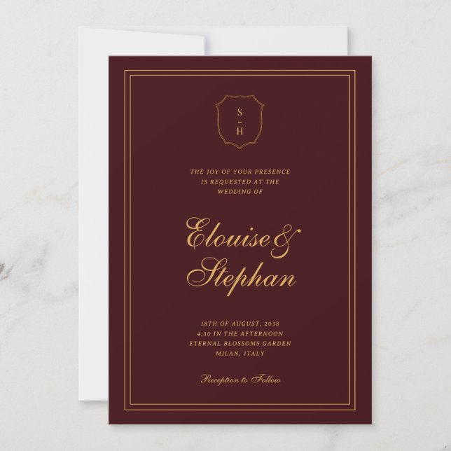 Gold Crest Monogram Burgundy All in One Wedding Inbjudningar (Framsida)