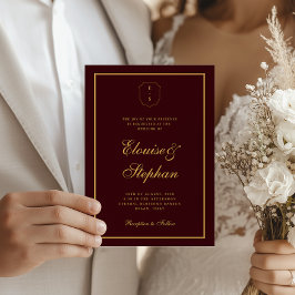 Gold Crest Monogram Burgundy All in One Wedding Inbjudningar
