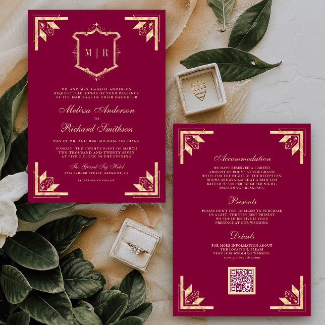 Gold Crest Monogram QR Code Magenta Wedding Inbjudningar (Skapare uppladdad)