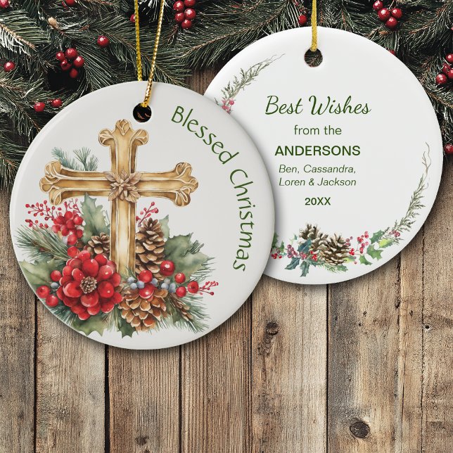 Gold Cross Bouquet Blessed Christmas Julgransprydnad Keramik (Skapare uppladdad)