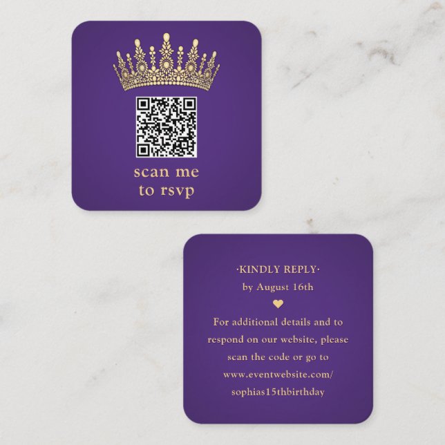 Gold Crown Dark Purple Quinceañera Scan Me QR RSVP Tilläggskort (Fram/baksida)