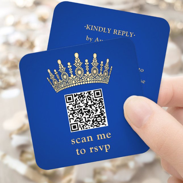 Gold Crown Royal Blue Quinceañera Scan Me QR RSVP Tilläggskort (Skapare uppladdad)