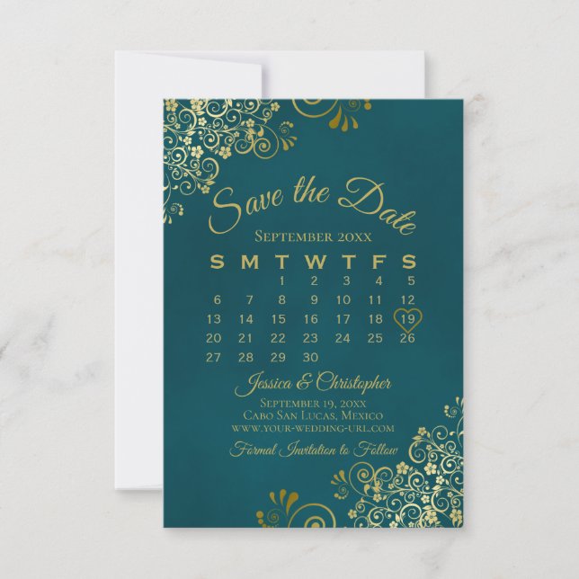 Gold Curls & Swirls Elegant Teal Wedding Calendar Spara Datumet (Framsida)