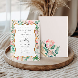 Gold Curvy Eucalyptus Pampas Grass Protea Wedding Inbjudningar