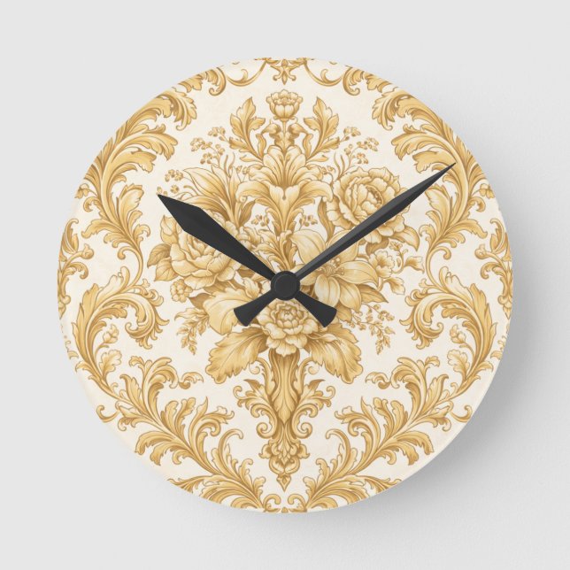 Gold Damask Floral Rund Klocka (Framsida)
