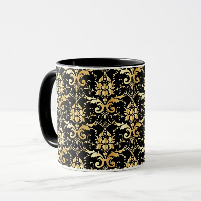 Gold Damask Pattern on Black Mugg (Framsida vänster)