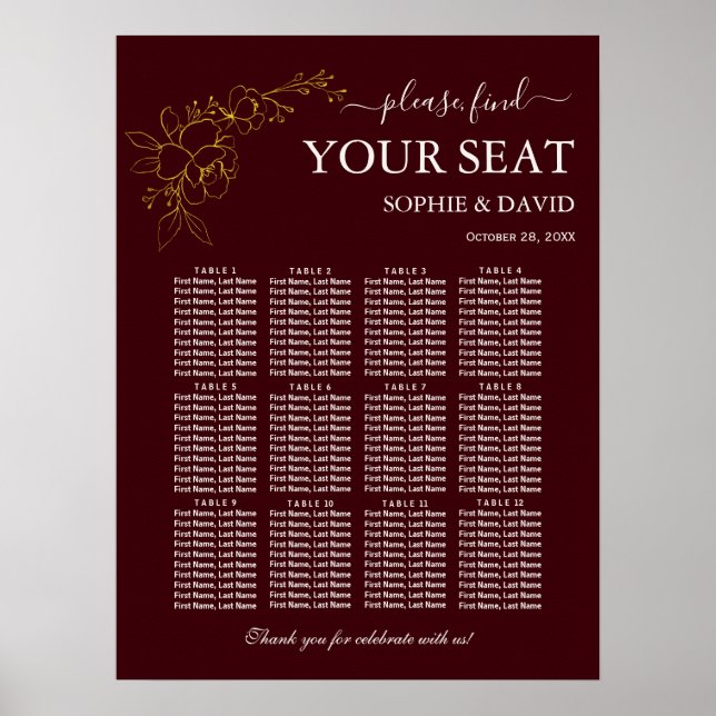 Gold Deep Burgundy 12 Table Seating Chart Wedding Poster (Framsidan)