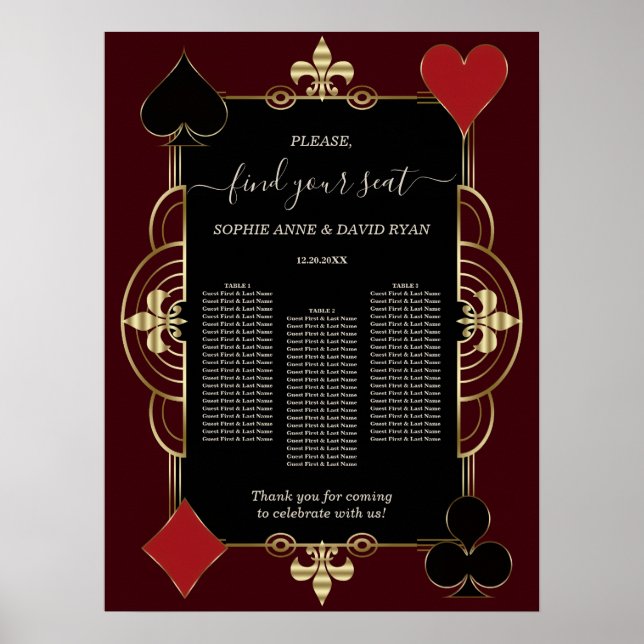 Gold Deep Burgundy Casino Wedding Seating Chart  Poster (Framsidan)