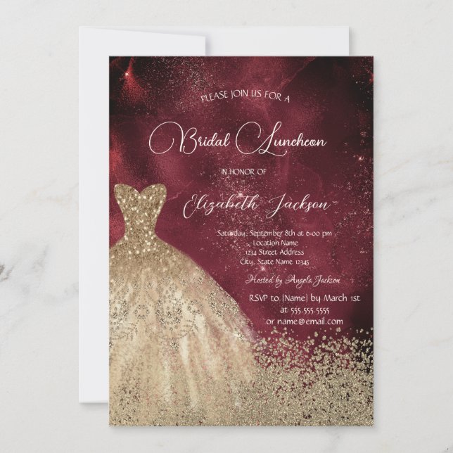 Gold Diamonds Dress Dark Red Bridal Luncheon Inbjudningar (Framsida)