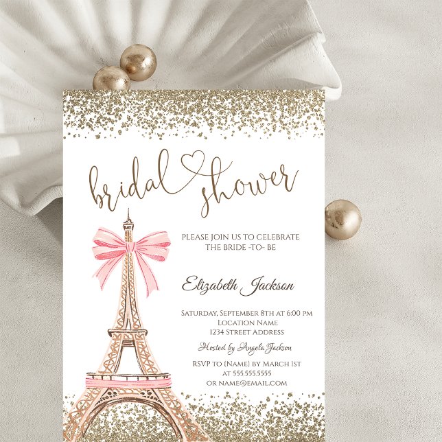 Gold Diamonds Eiffel Tower Bow Bridal Shower  Inbjudningar (Skapare uppladdad)