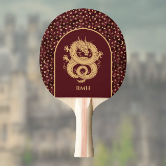 Gold Dragon and Medieval Stars and Moon on Maroon Pingisracket