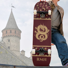 Gold Dragon on Burgundy with Stars Moon Monogram  Mini Skateboard Bräda 18,5 Cm