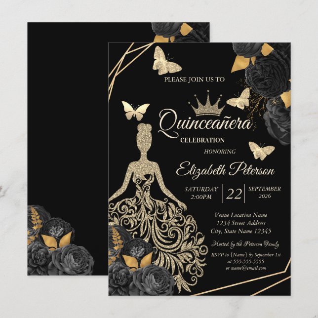 Gold Dress,Butterfly Black Roses Quinceañera Inbjudningar (Fram/baksida)