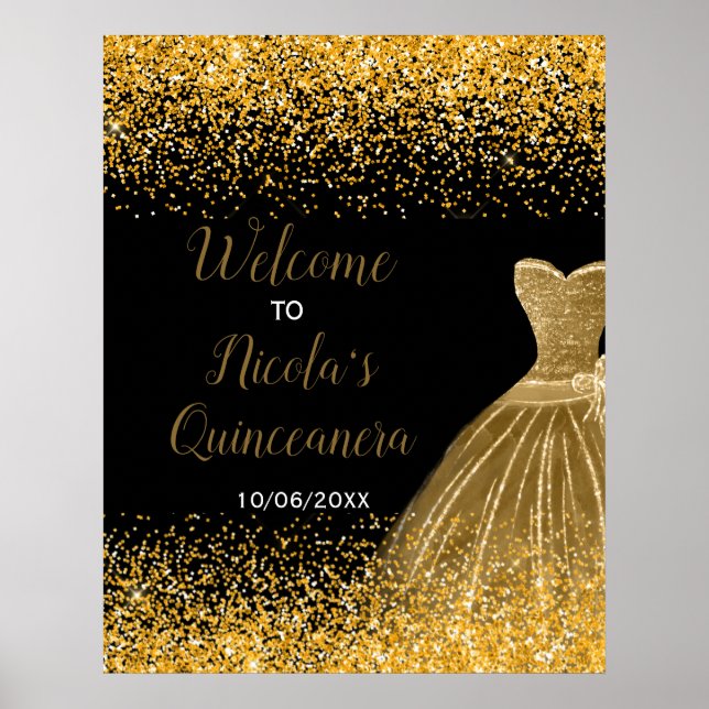 Gold Dress Faux Glitter Quinceanera Welcome Poster (Framsidan)