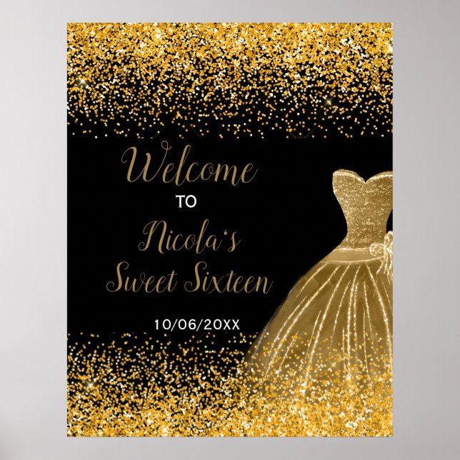 Gold Dress Faux Glitter Sweet 16 Welcome Poster (Framsidan)