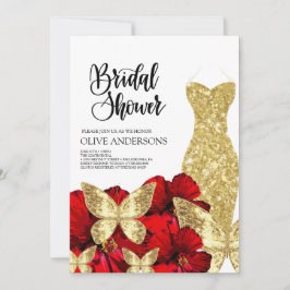 Gold Dress Red Rose Floral Bridal Shower  Inbjudningar