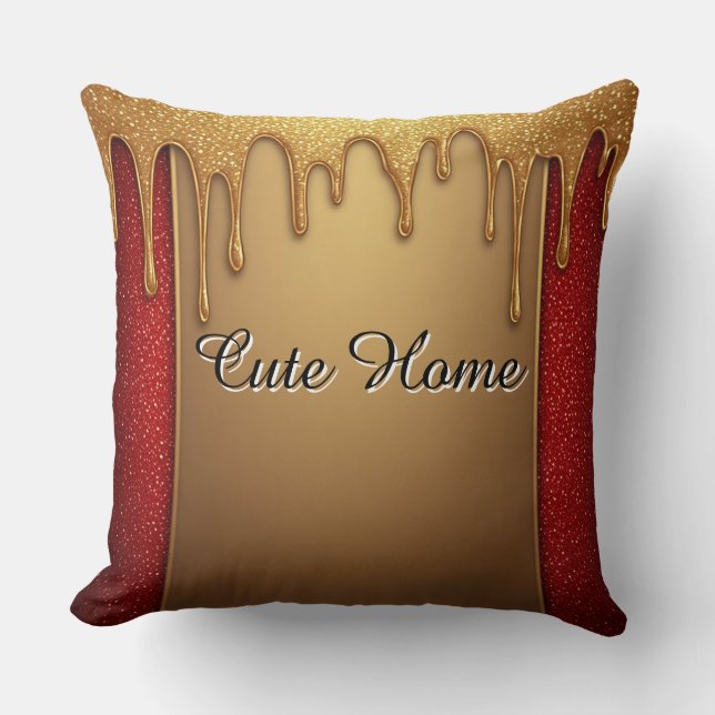 Gold Dripping Glitter Gift On Red Sparkle Backgro Kudde (Framsida)