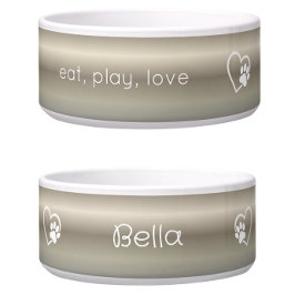 Gold 'eat, play, love' Dog Name Bowl