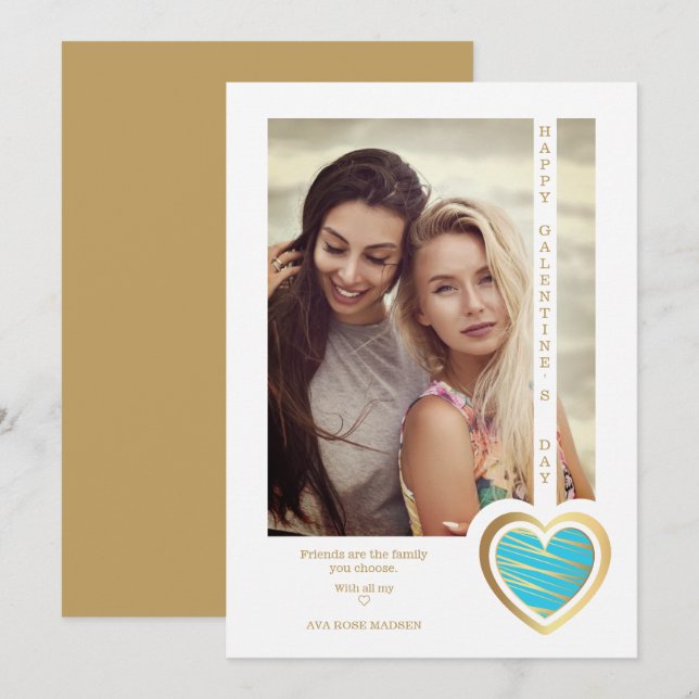 Gold Effect Blue Heart Friends Happy Galentines (Fram/baksida)