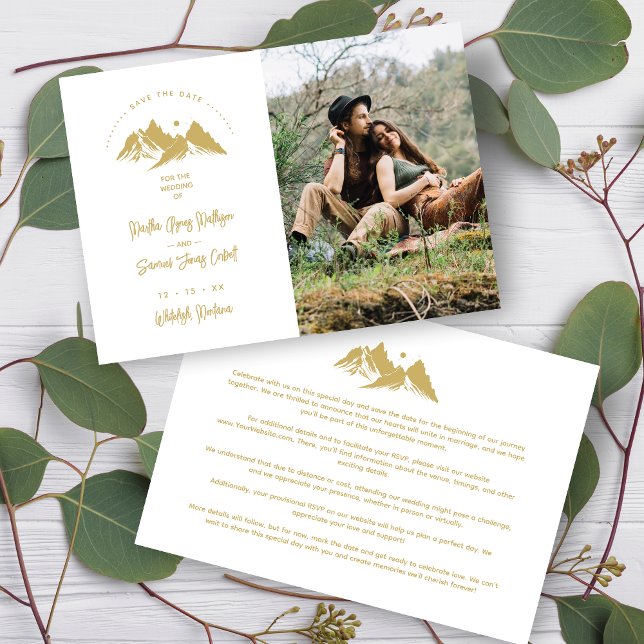  Gold Effect Boho Rustic Mountains Photo Wedding  Spara Datumet (Faux Gold Effect Boho Rustic Mountains Photo Wedding Save the Date with Envelope.)