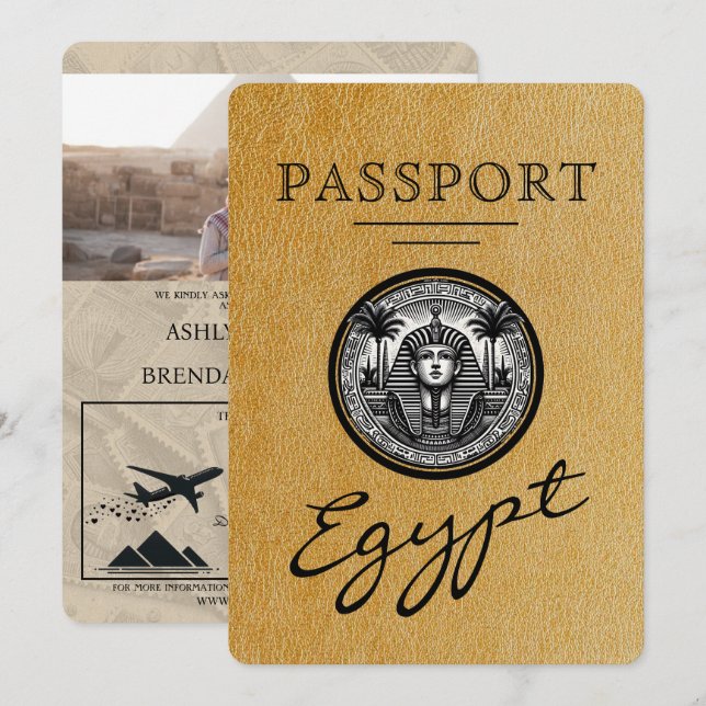 Gold Egypt Passport Wedding Invitation Inbjudningar (Fram/baksida)