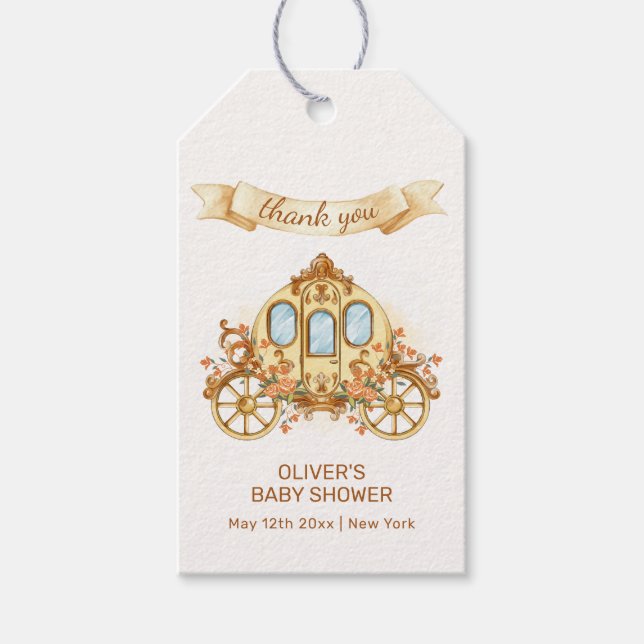 Gold Elegant Flower Prince Carriage Baby Shower  Presentetikett (Framsidan)