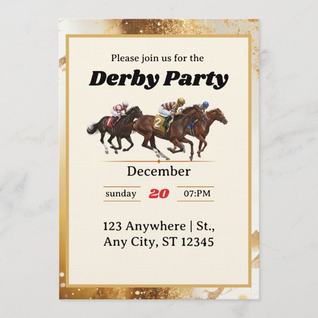 Gold Elegant Horse Racing Derby Party Invitation Inbjudningar (Framsida)