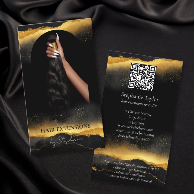 Gold Elegant Luxury Hair Extensions Stylist Photo Visitkort (luxury gold hair extensions business cards with QR code)
