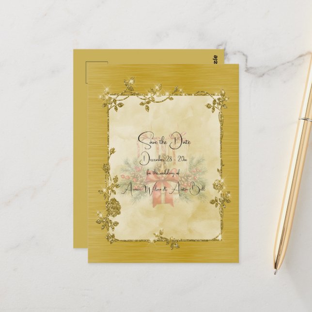 Gold Elegant Sparkly Frame Save the Date Vykort (Fram/Back In Situ)
