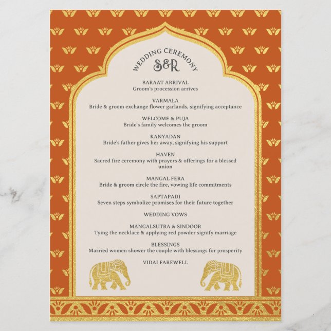 Gold Elephant Indian & Hindu Wedding Program Card (Framsida)