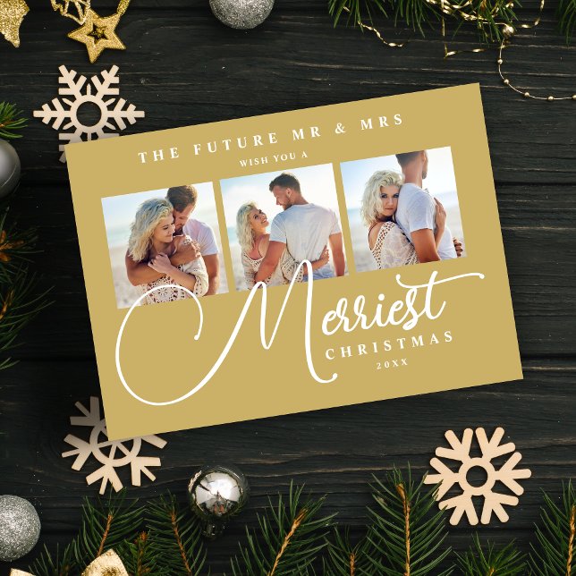 Gold Exquisite Modern Wedding Christmas 3 Photos Spara Datumet (Exquisite Modern Wedding Christmas 3 Photos in Fake Gold Holiday Card as a Save the Date Card.)