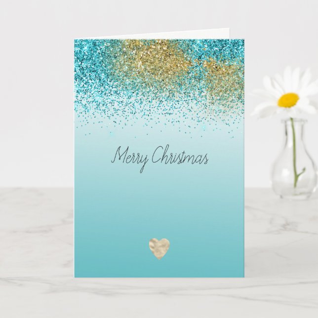 Gold Faux Glitter Aqua Heart Christmas Kort (Liten växt)