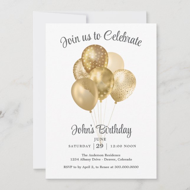Gold Faux Glitter Balloon Birthday Party Inbjudningar (Framsida)