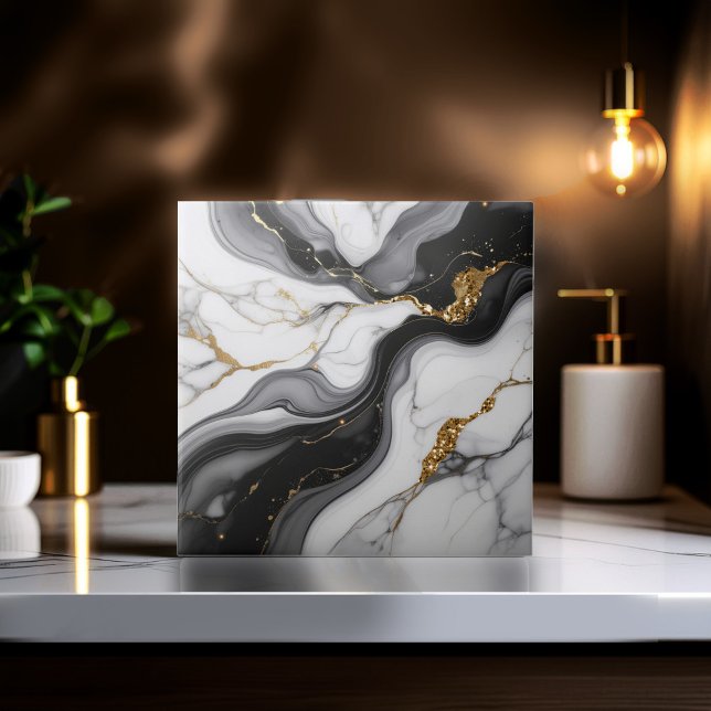Gold Faux Glitter Veined B&W Marble ID1180c Kakelplatta (Skapare uppladdad)