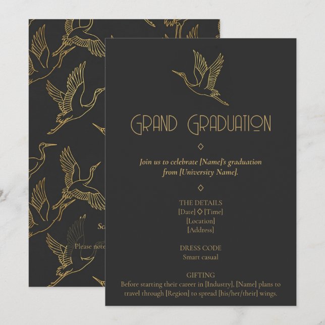 Gold Filigree Art Deco | Crane Graduation Inbjudningar (Fram/baksida)