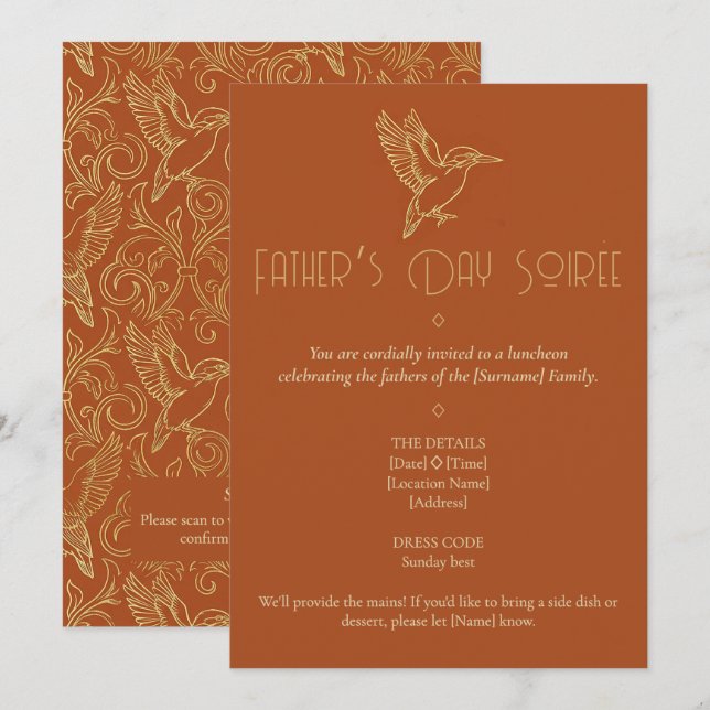 Gold Filigree Art Deco | Kingfisher Father's Day Inbjudningar (Fram/baksida)